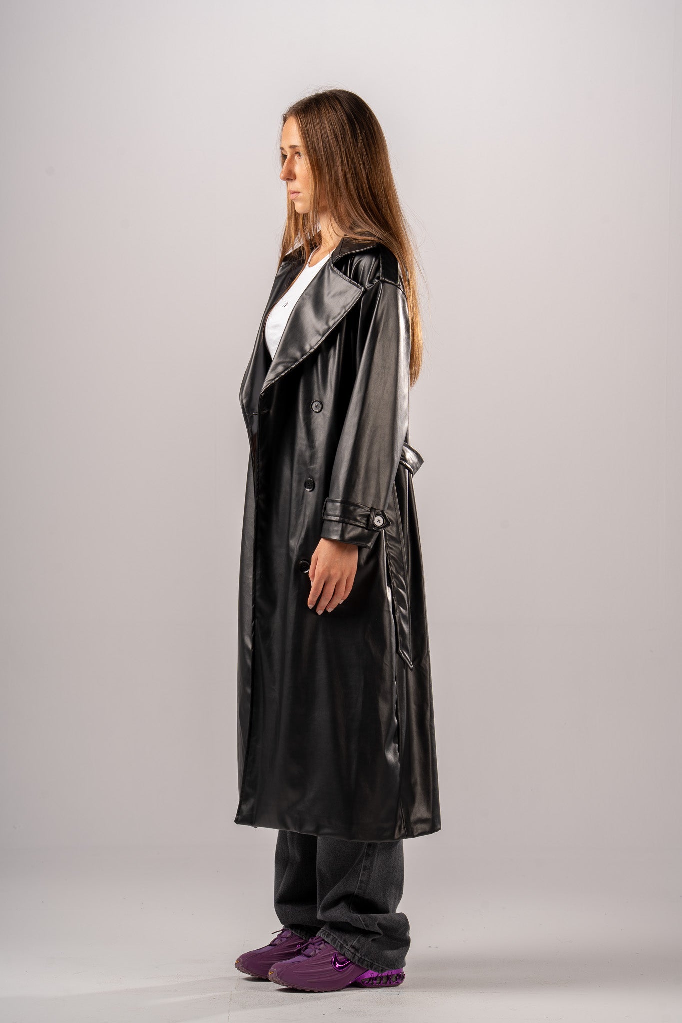 Black Double Breast PU Coat